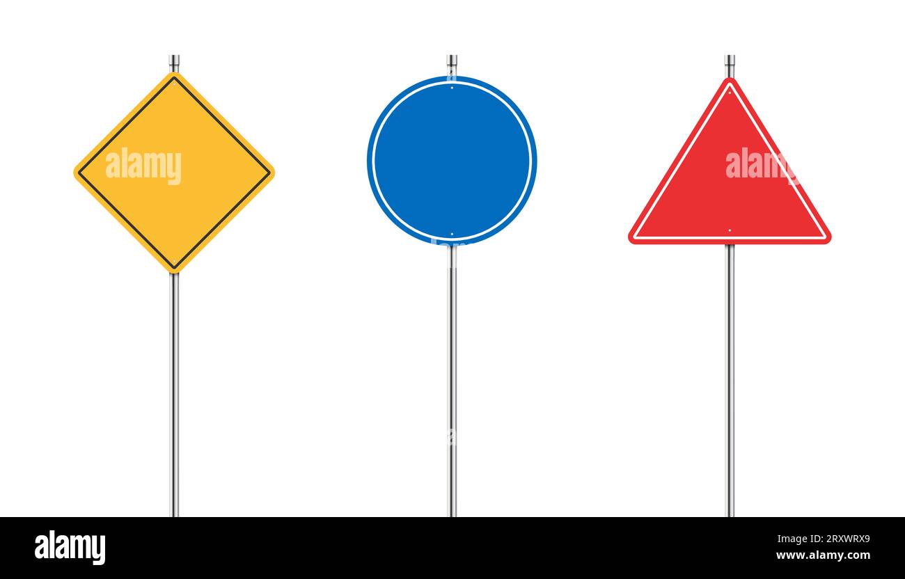 segnali stradali isolati. banner realistici e vuoti sulle normative sul traffico. elementi mock up banner vuoti . Illustrazione vettoriale Illustrazione Vettoriale