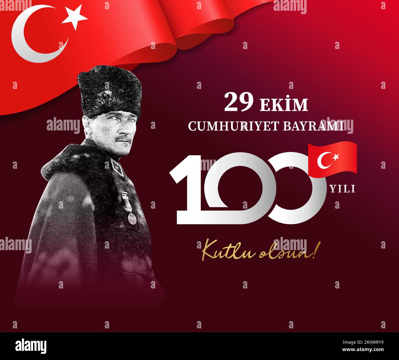 29 Ekim Mustafa Kemal Ataturk, Cumhuriyet Bayrami, 100 yili, Kutlu olsun. Traduzione dal turco - ottobre 29 re Illustrazione Vettoriale