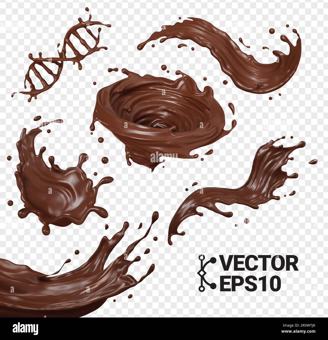 Spruzzi di cioccolato 3D isolare il flusso genico vettoriale realistico eps Set swirl and Drop Illustrazione Vettoriale