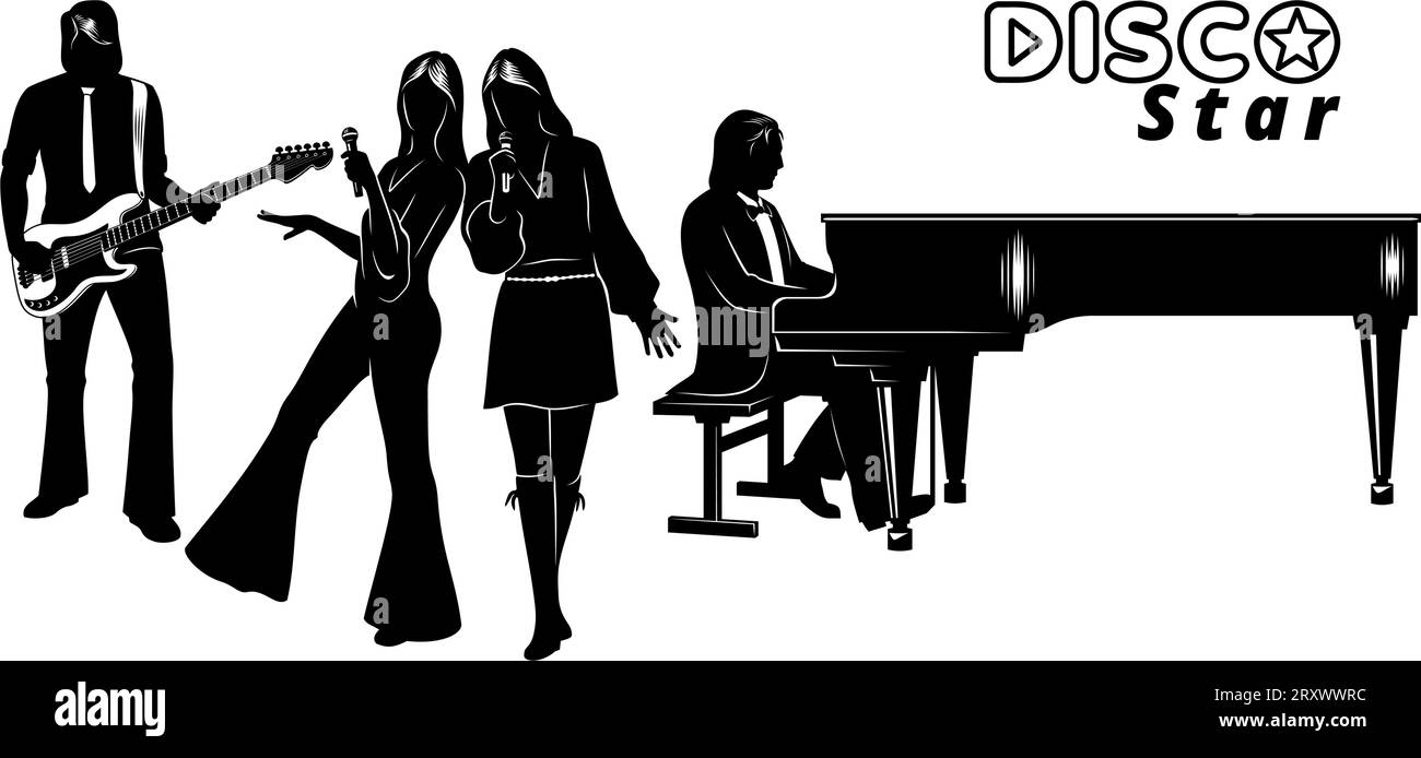 Set di silhouette disco Group. Chitarrista, pianista e due cantanti. Tutte le figure sono oggetti separati. Clipart vettoriali isolati su bianco. Illustrazione Vettoriale