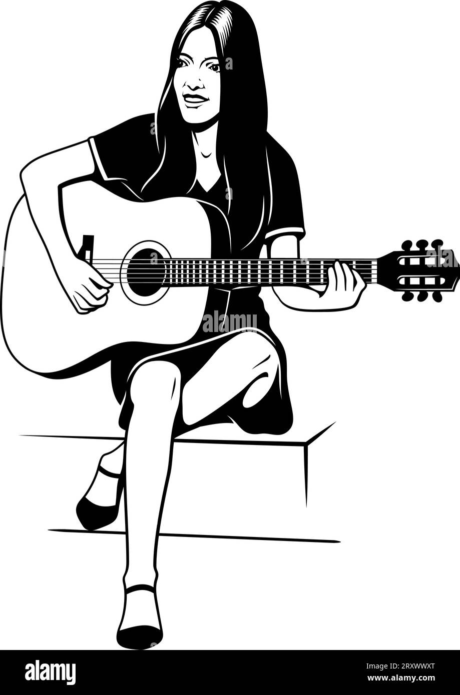 Silhouette di ragazza che canta e suona alla chitarra acustica. Clipart vettoriale stencil bianco e nero. Le scale sono l'oggetto separato. Illustrazione Vettoriale