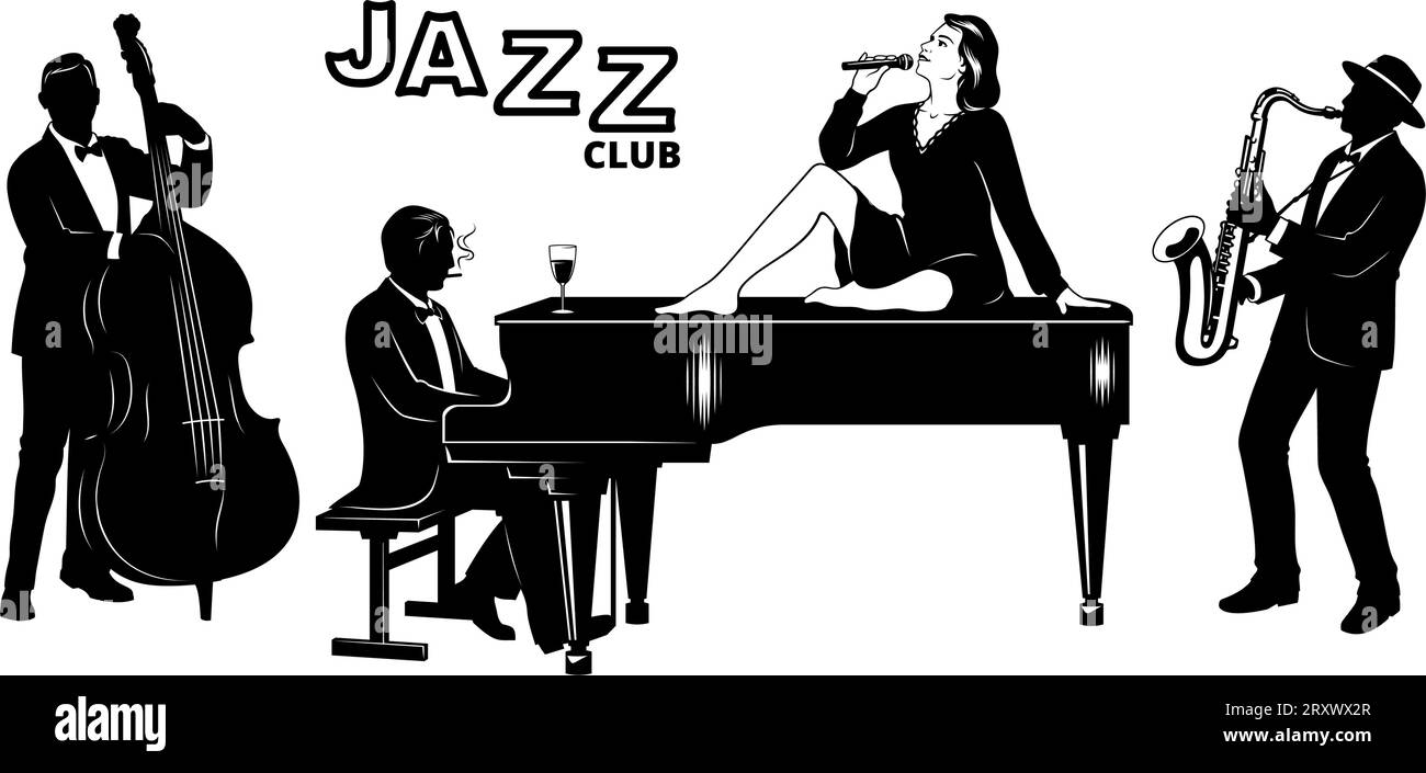 Set di silhouette retro Jazz Club. Cantante donna seduta su un pianoforte., pianista, doppio bassista, sassofonista. Clipart vettoriali. Illustrazione Vettoriale