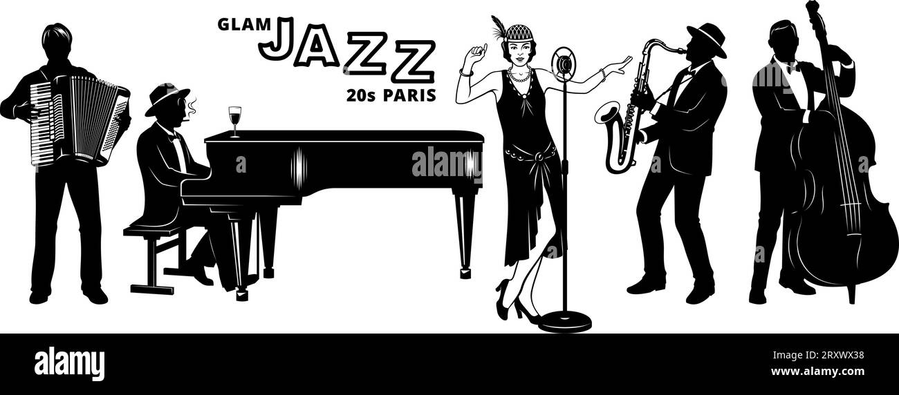Musica jazz francese retrò degli anni '20 Set di silhouette. Flapper girl cantante, pianista, fisarmonicista, contrabbassista, sassofonista. Clipart vettoriali isolati su W. Illustrazione Vettoriale