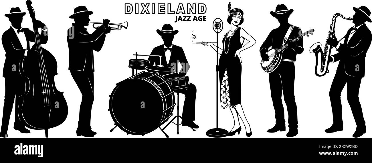 Retro Dixieland Jazz Band of 20s.. Set di silhouette. Flapper che canta, uomini che suonano al contrabbasso, sassofono, banjo, tromba e batteria. Clipa vettoriale Illustrazione Vettoriale