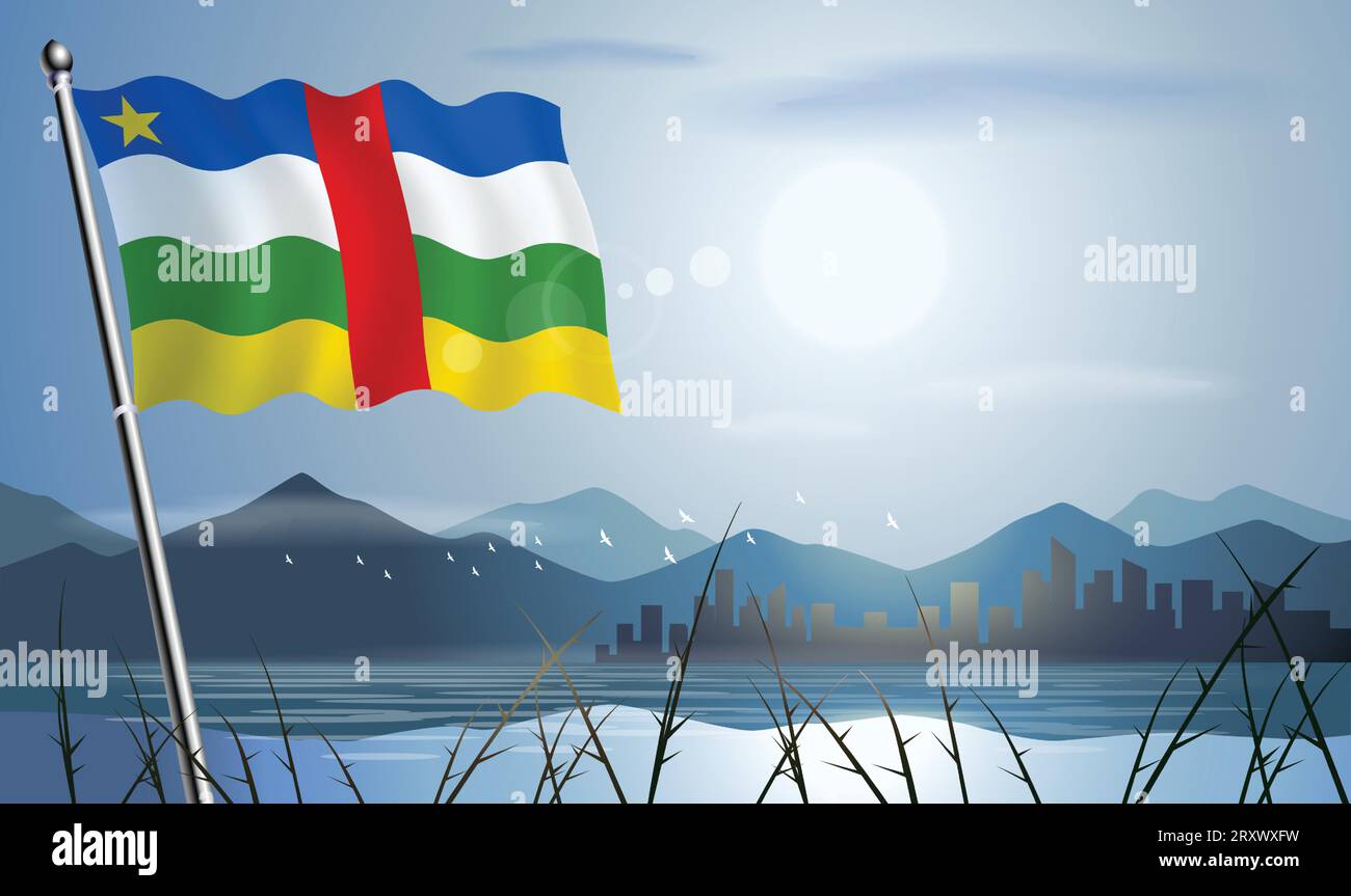 Bandiera della Repubblica Centrafricana con sfondo solare di montagne e laghi Illustrazione Vettoriale