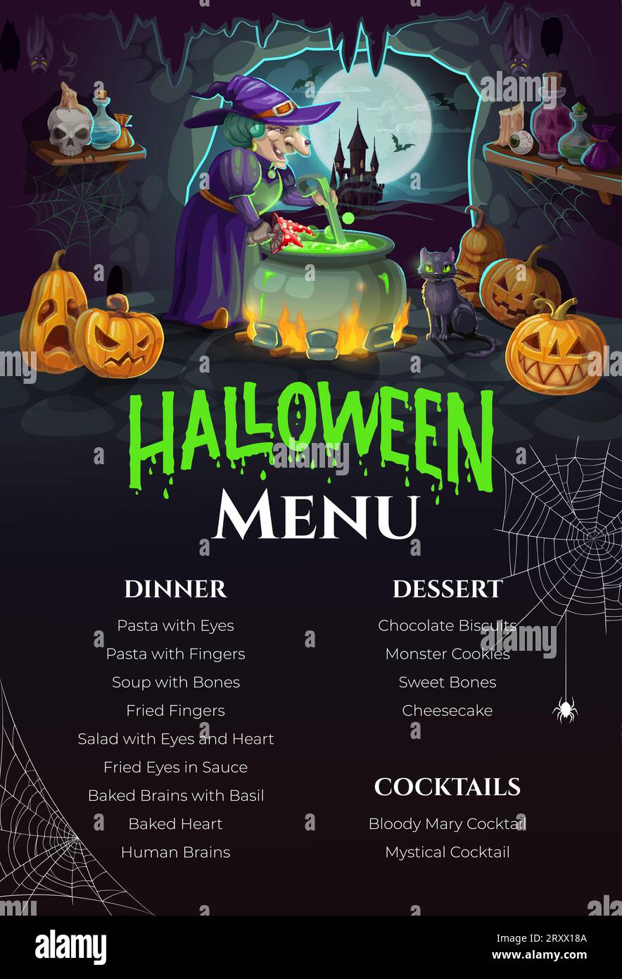 Menu di Halloween, strega dei cartoni animati nella grotta con pozione e zucche, modello vettoriale. Opuscolo o scheda con menu spaventoso per le feste di Halloween con spaventoso personaggio di strega, castello horror, pipistrelli, calderone, gatto Illustrazione Vettoriale