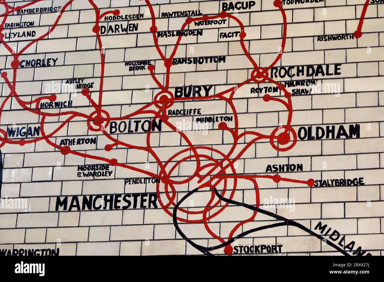 Mappa Victorian Manchester Railways, Victoria Station Approach, Manchester, Inghilterra, Regno Unito, M3 1WY Foto Stock