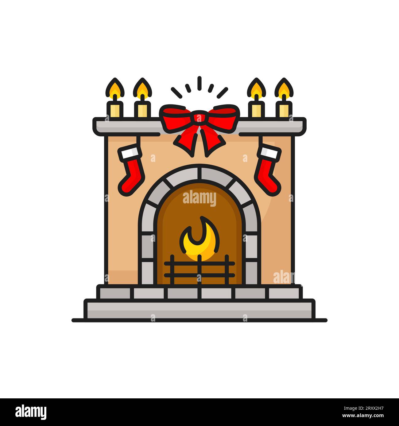 Caminetto in mattoni con fuoco acceso, icona a linee colorate. Camino natalizio con cartoni animati vettoriali, camino con candele di Capodanno e fiocco Illustrazione Vettoriale
