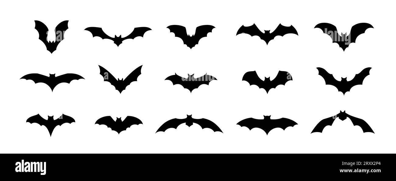 Set di silhouette per i pipistrelli Halloween. Forme nere isolate di animali vampiri alati vettoriali su sfondo bianco. Gruppo di creature faunistiche inquietanti e spaventose, icone monocromatiche, semplici segni o pittogrammi Illustrazione Vettoriale
