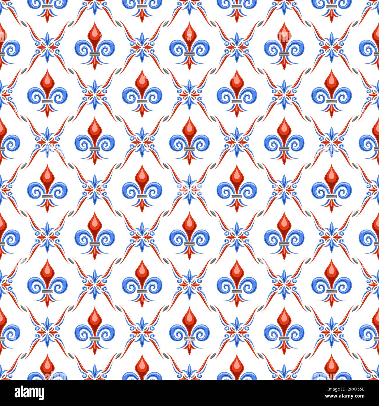 Vector Fleur de Lis Seamless Pattern, ripetizione dello sfondo con illustrazioni del motivo a reticolo e fleur de lis in celle rombo, poster quadrato con re Illustrazione Vettoriale