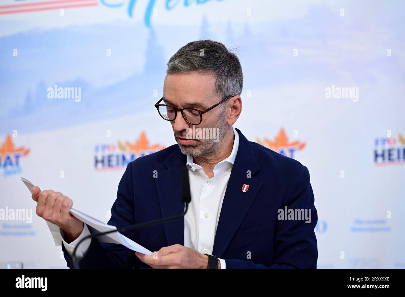 Vienna, Austria. 27 settembre 2023. Conferenza stampa con il presidente del partito federale FPÖ Herbert Kickl. Argomento: “Presentazione dell’offensiva autunnale di FPÖ” Foto Stock