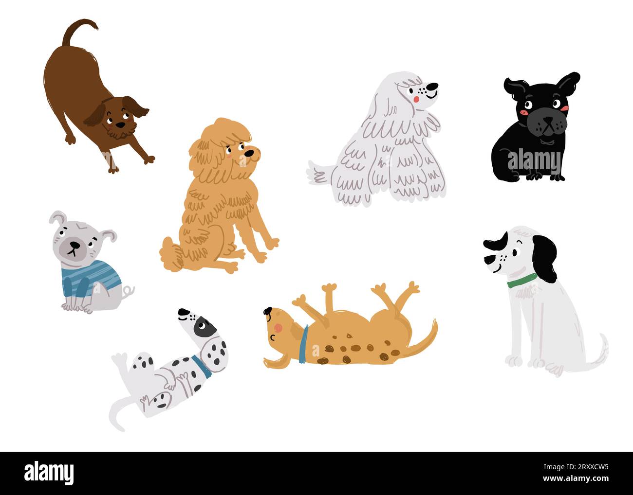 Simpatico set vettoriale di personaggi dei cani cartoni animati su bianco. Carini cani allevano il set. Illustrazione vettoriale Illustrazione Vettoriale