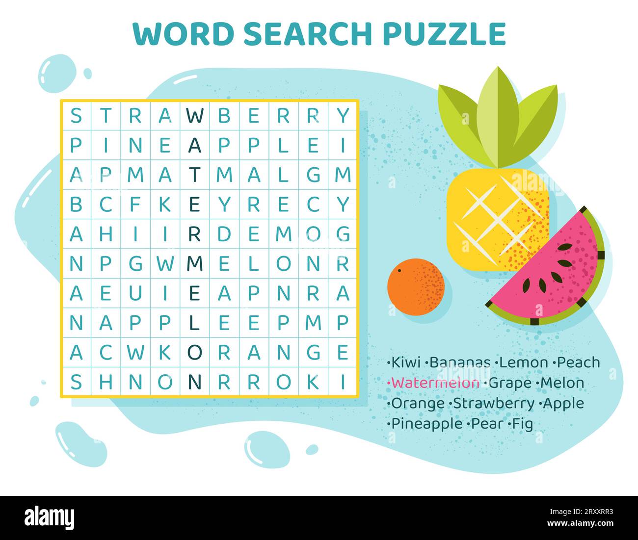Parola di ricerca puzzle con frutti e bacche. Illustrazione Vettoriale