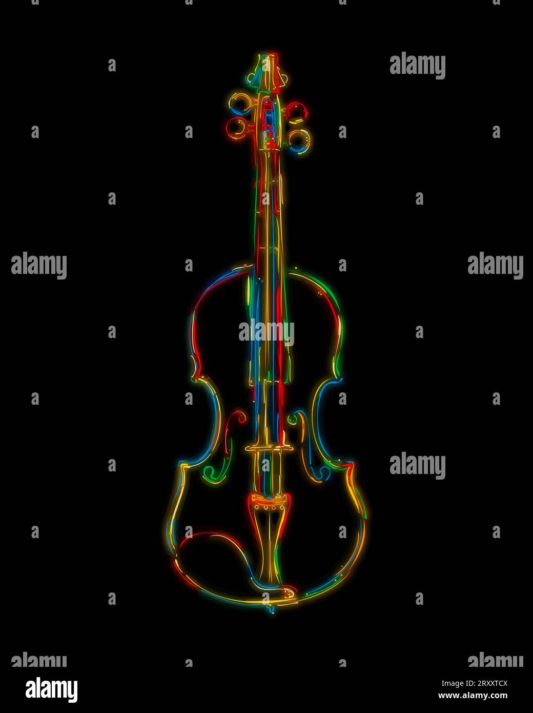 Schizzo di violino stilizzato disegnato a mano a colori su sfondo nero Foto Stock