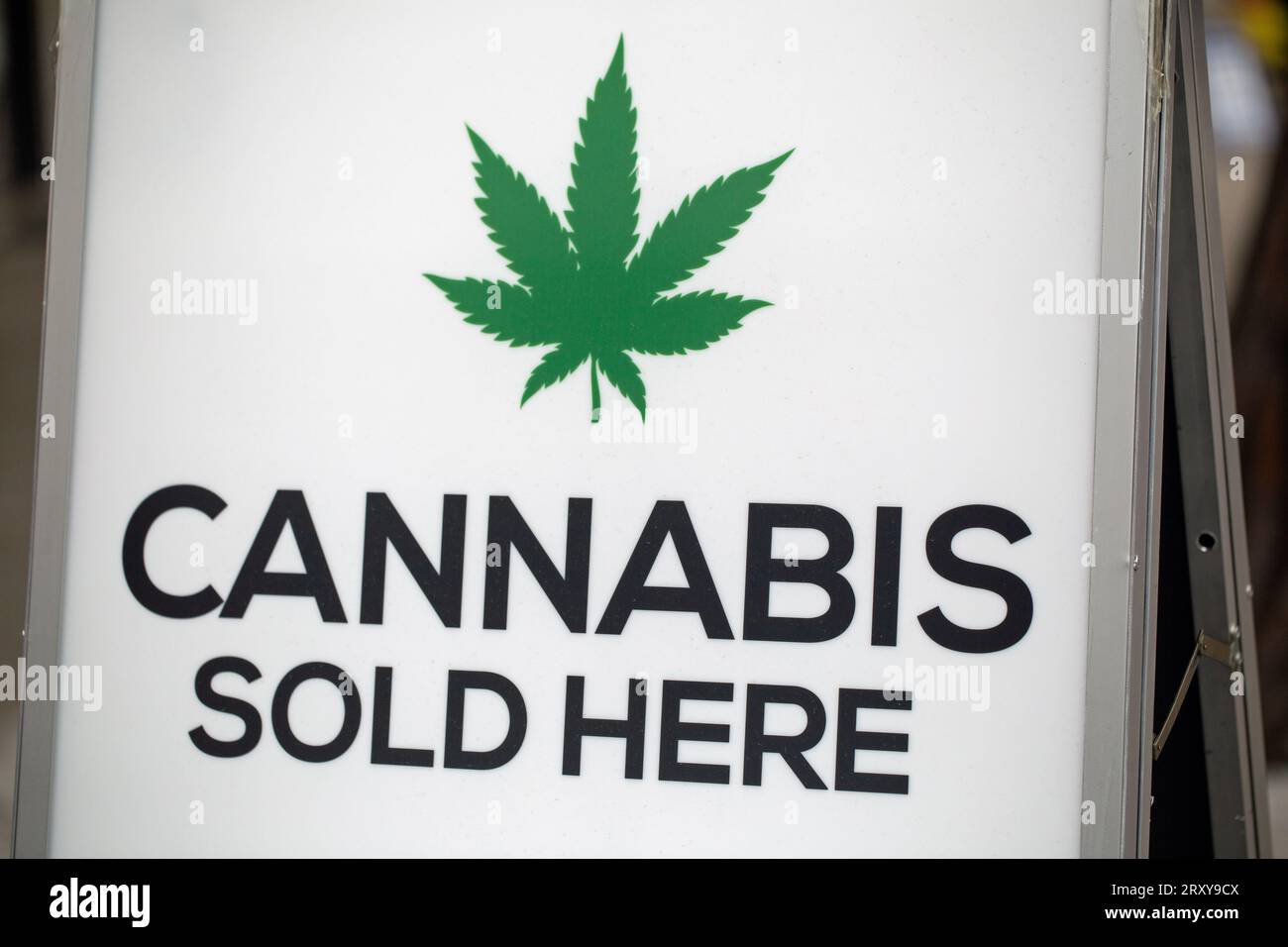 Lido di Jesolo, Veneto, Italia, 18 settembre 2023, Un cartello all'esterno di un negozio proclama che il negozio vende cannabis Foto Stock