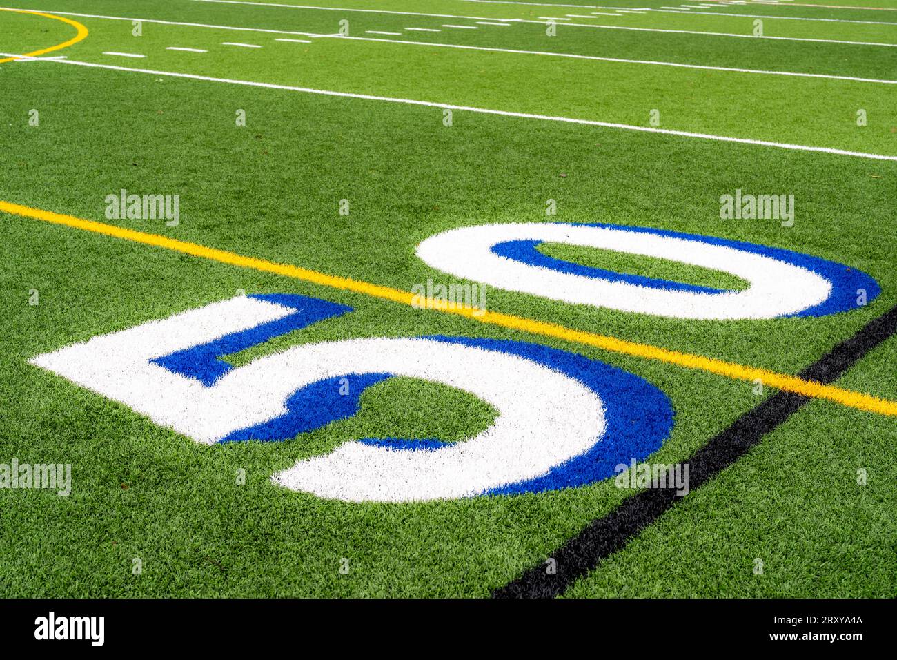 Linea da 50 yard in erba sintetica bianca con ombra Royal Blue, lacrosse nera e linea mediana da calcio gialla Foto Stock