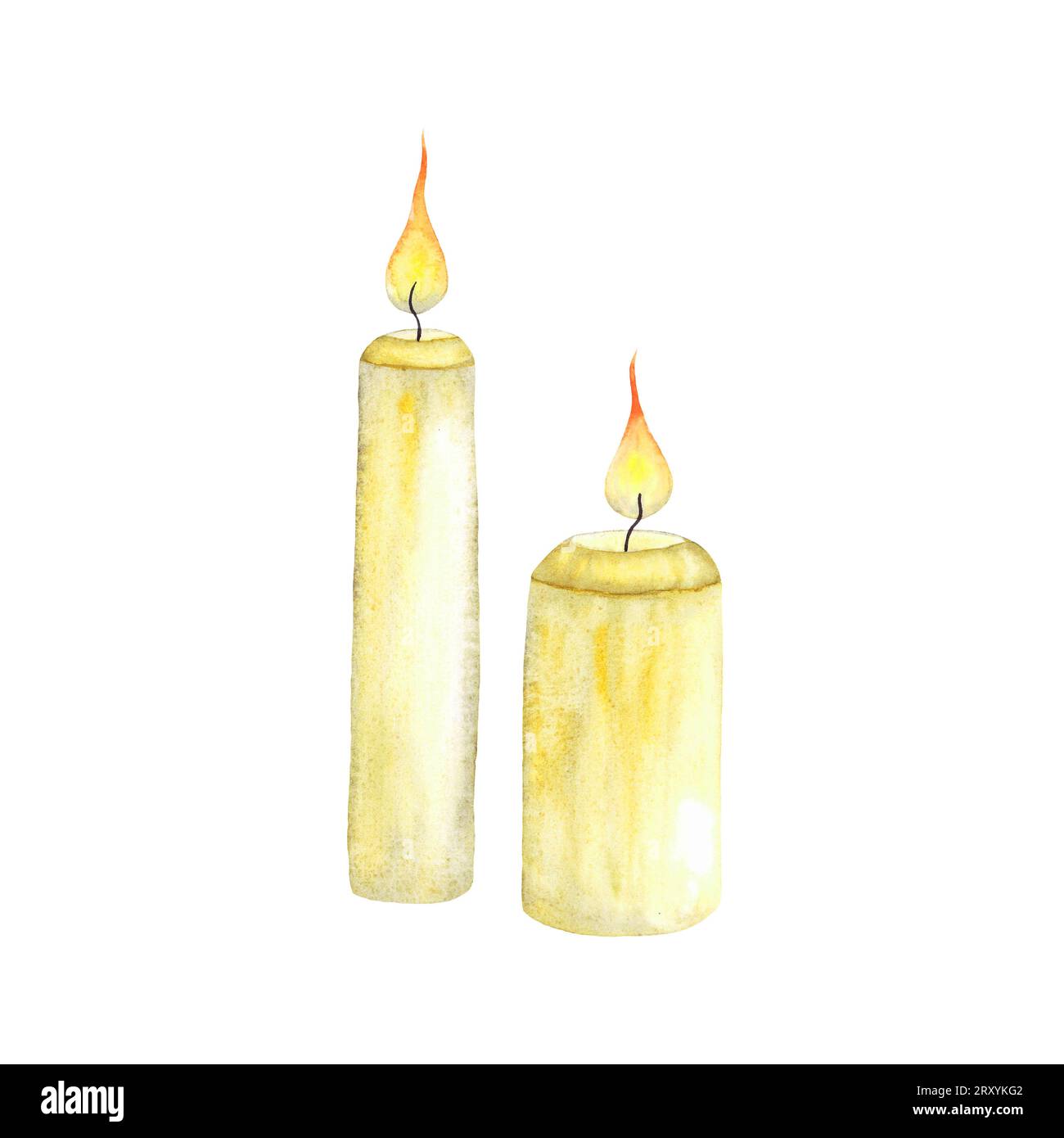 Candele bianche ad acquerello con fuoco. Illustrazione disegnata a mano, decorazioni accoglienti per Natale, halloween, pasqua Foto Stock