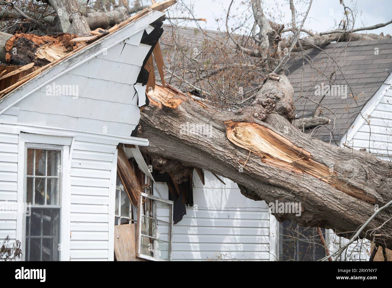 Rolling Fork, Stati Uniti d'America. 12 aprile 2023. Le conseguenze delle case distrutte da detriti settimane dopo un tornado EF4 che ha attraversato il profondo sud, il 12 aprile 2023 a Rolling Fork, Mississippi. Il massiccio tornado ha distrutto la maggior parte di Rolling Fork, uccidendo 17 persone e ferendone almeno 165 il 24 marzo. Crediti: Lance Cheung/USDA Media/Alamy Live News Foto Stock