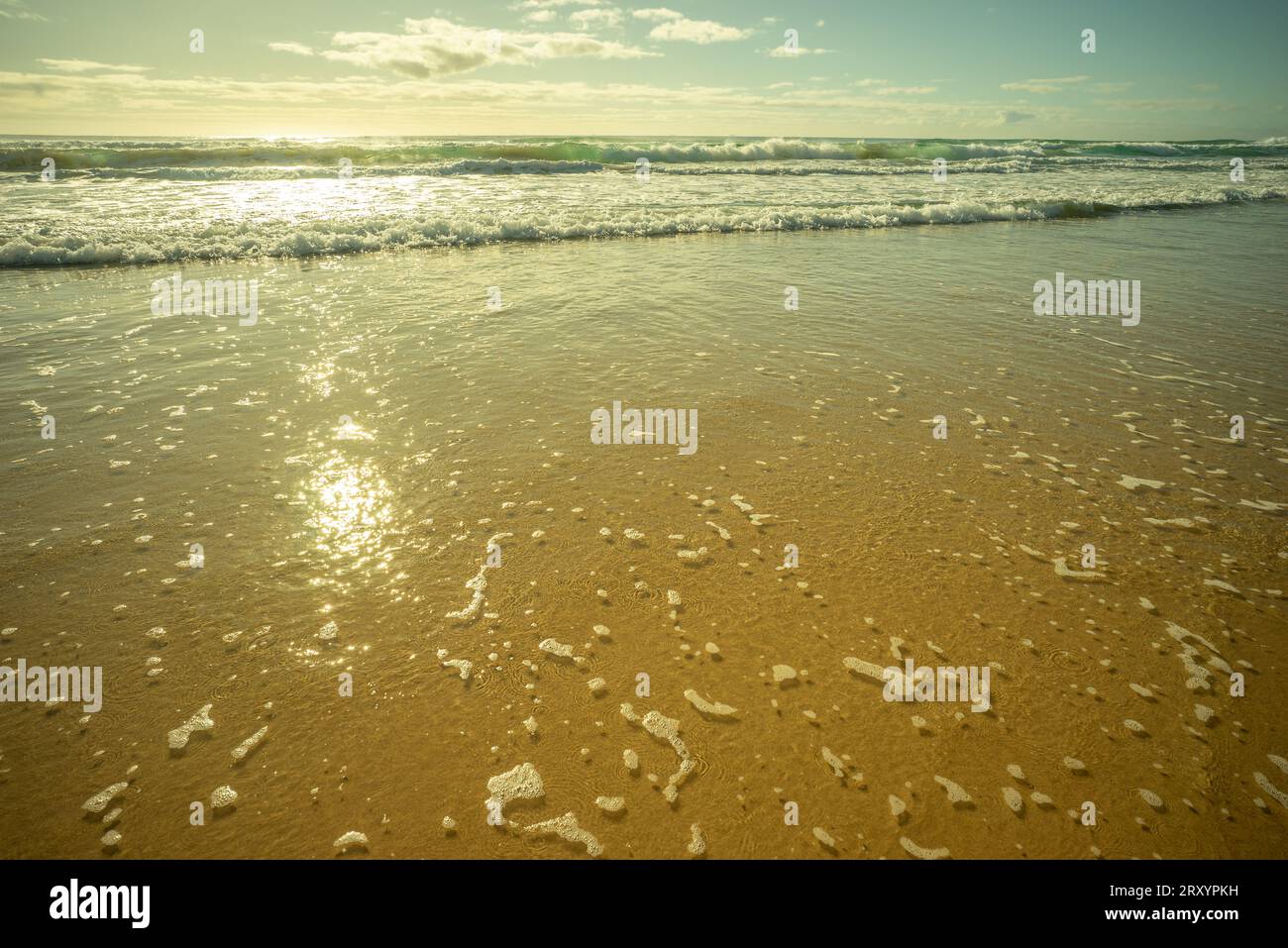 Colori pastello mentre le onde del surf si infrangono e rotolano sulla spiaggia di sabbia con il sole che splende nelle acque schiumose poco profonde. La mattina presto a Kawana, Sunshine Co Foto Stock