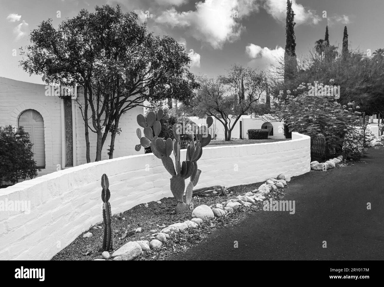 Nel campus del complesso condominiale Casitas de Castilian della metà del secolo, su 17 acri, progettato dall'architetto messicano Bennie Gonzales, Tucson, Arizona, B&W. Foto Stock