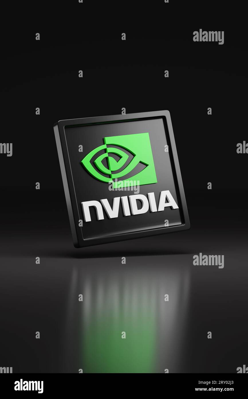 Buenos Aires, Argentina; 12 settembre 2023: Logo Nvidia solido isolato su sfondo scuro. illustrazione 3d. Foto Stock