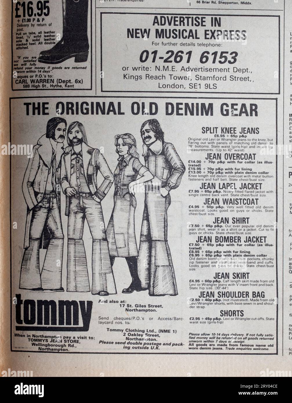 Menswear Advertising in New Musical Express degli anni '1970 o NME Foto Stock