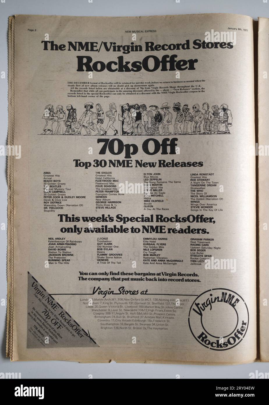 NME Virgin Records Sales Offer Advert in 1970s NME New Musical Express Magazine Foto Stock