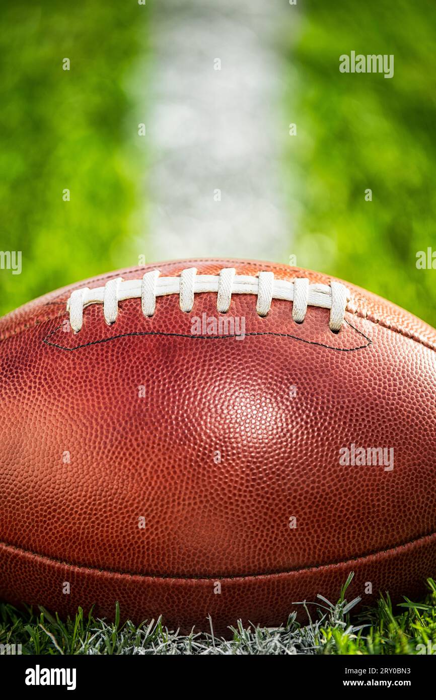 Vista ravvicinata da un angolo basso di un football americano in pelle seduto nell'erba su una linea bianca del cortile. Foto Stock