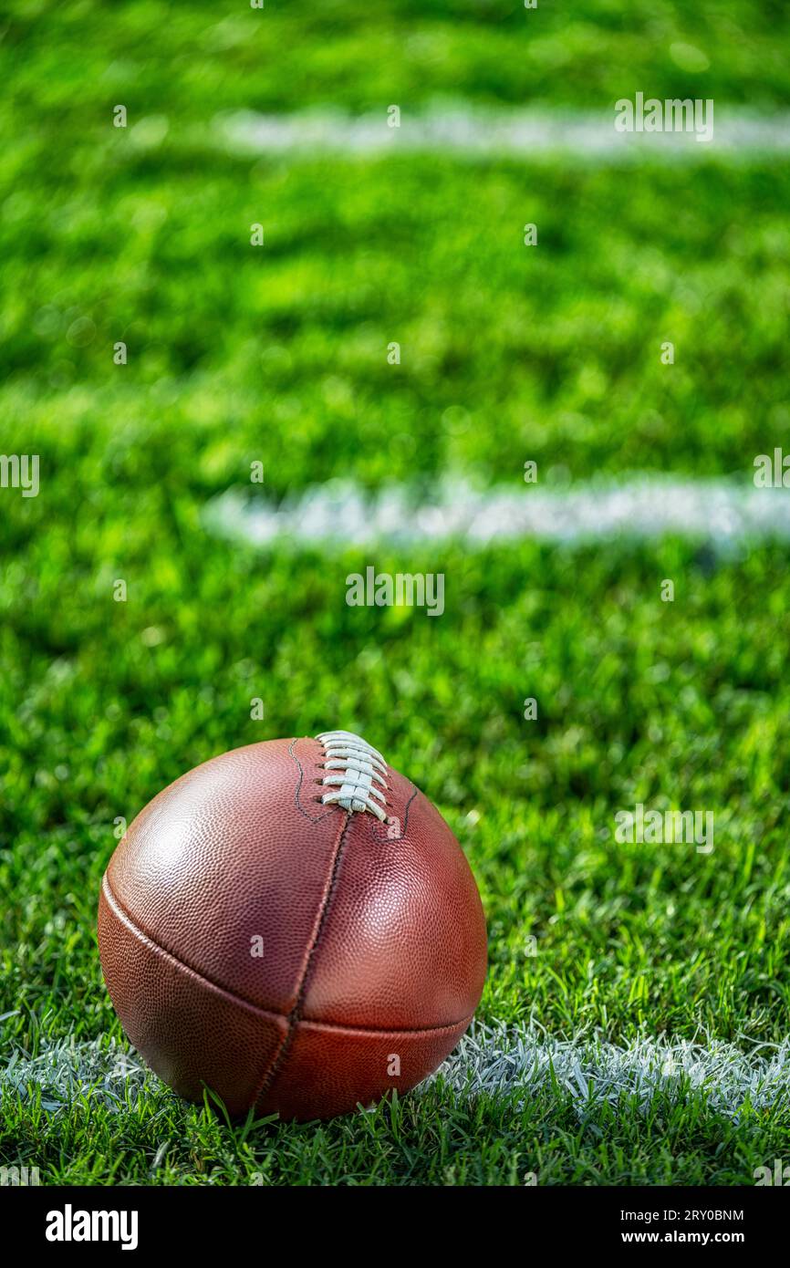Vista ravvicinata da un angolo basso di un football americano in pelle seduto nell'erba su una linea bianca del cortile con segni di hash sullo sfondo. Foto Stock