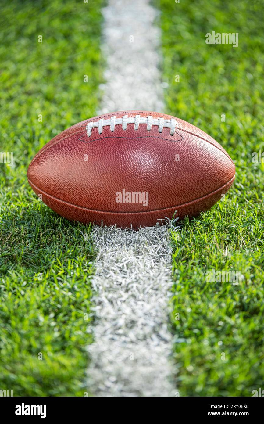 Vista ravvicinata da un angolo basso di un football americano in pelle seduto nell'erba su una linea bianca del cortile. Foto Stock