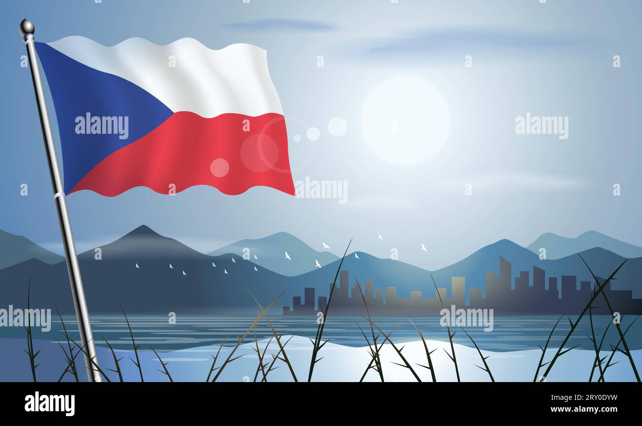 Bandiera della Repubblica Ceca con sfondo solare di montagne e laghi Illustrazione Vettoriale