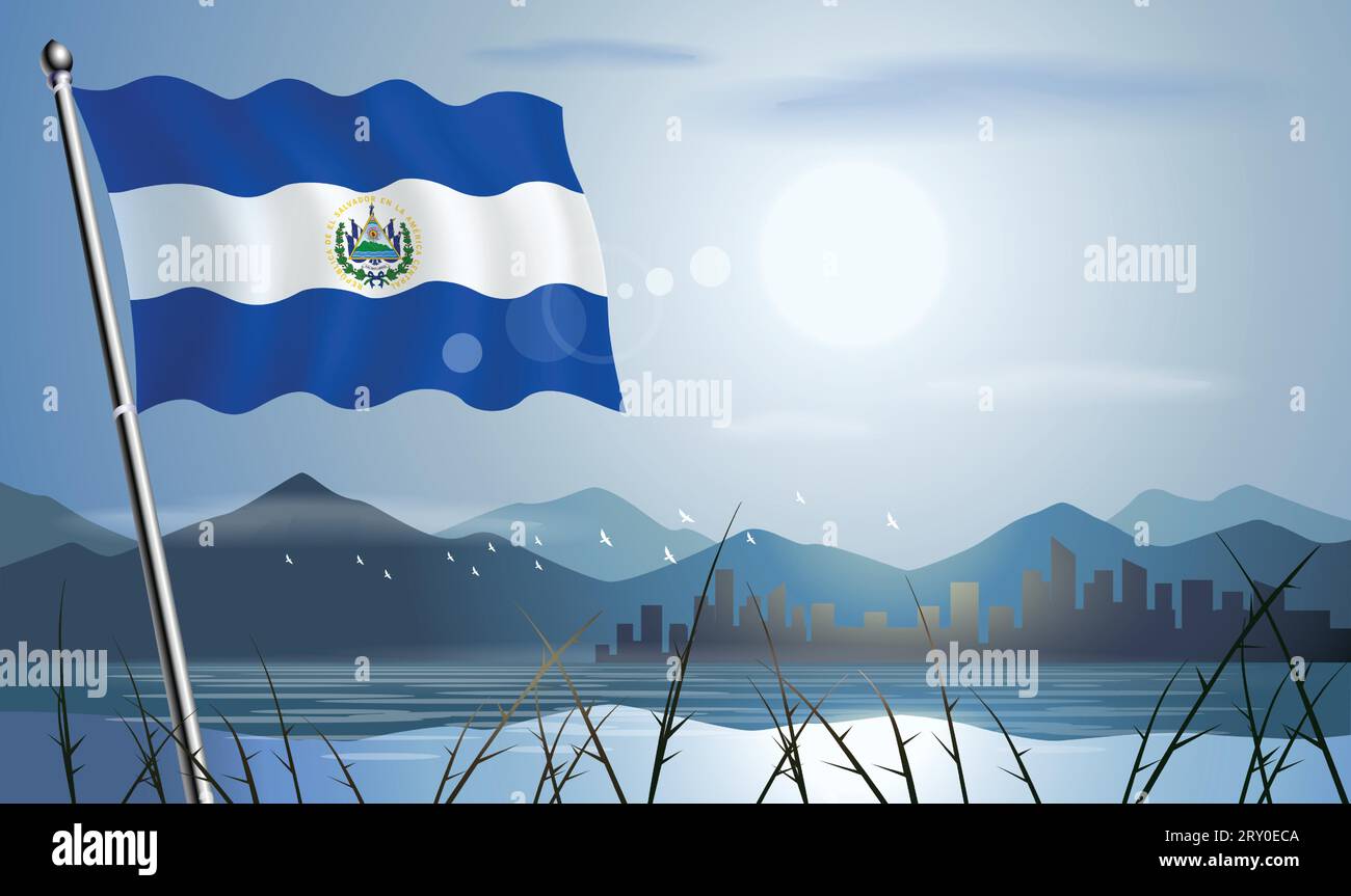 Bandiera di El Salvador con sfondo soleggiato di montagne e laghi Illustrazione Vettoriale