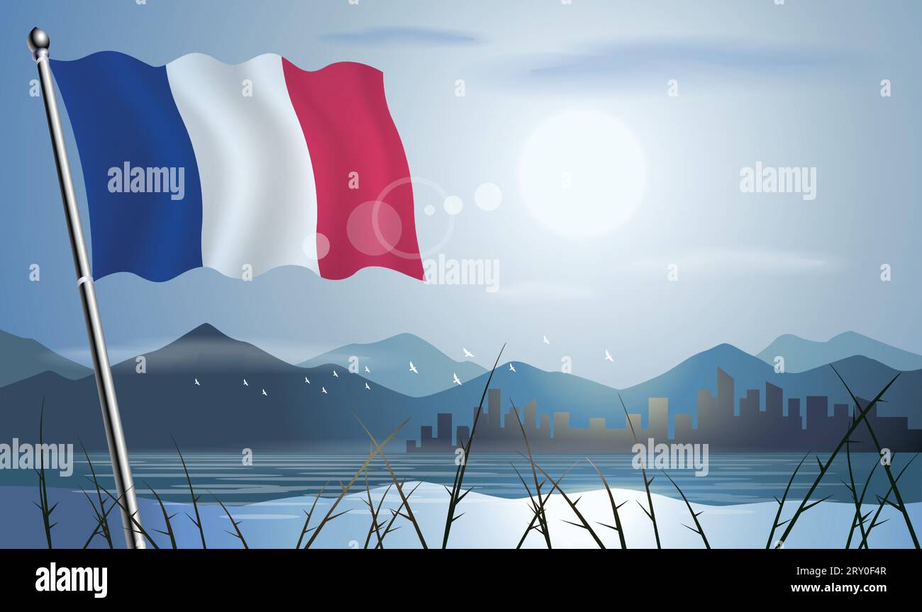 Bandiera della Francia con sfondo soleggiato di montagne e laghi Illustrazione Vettoriale