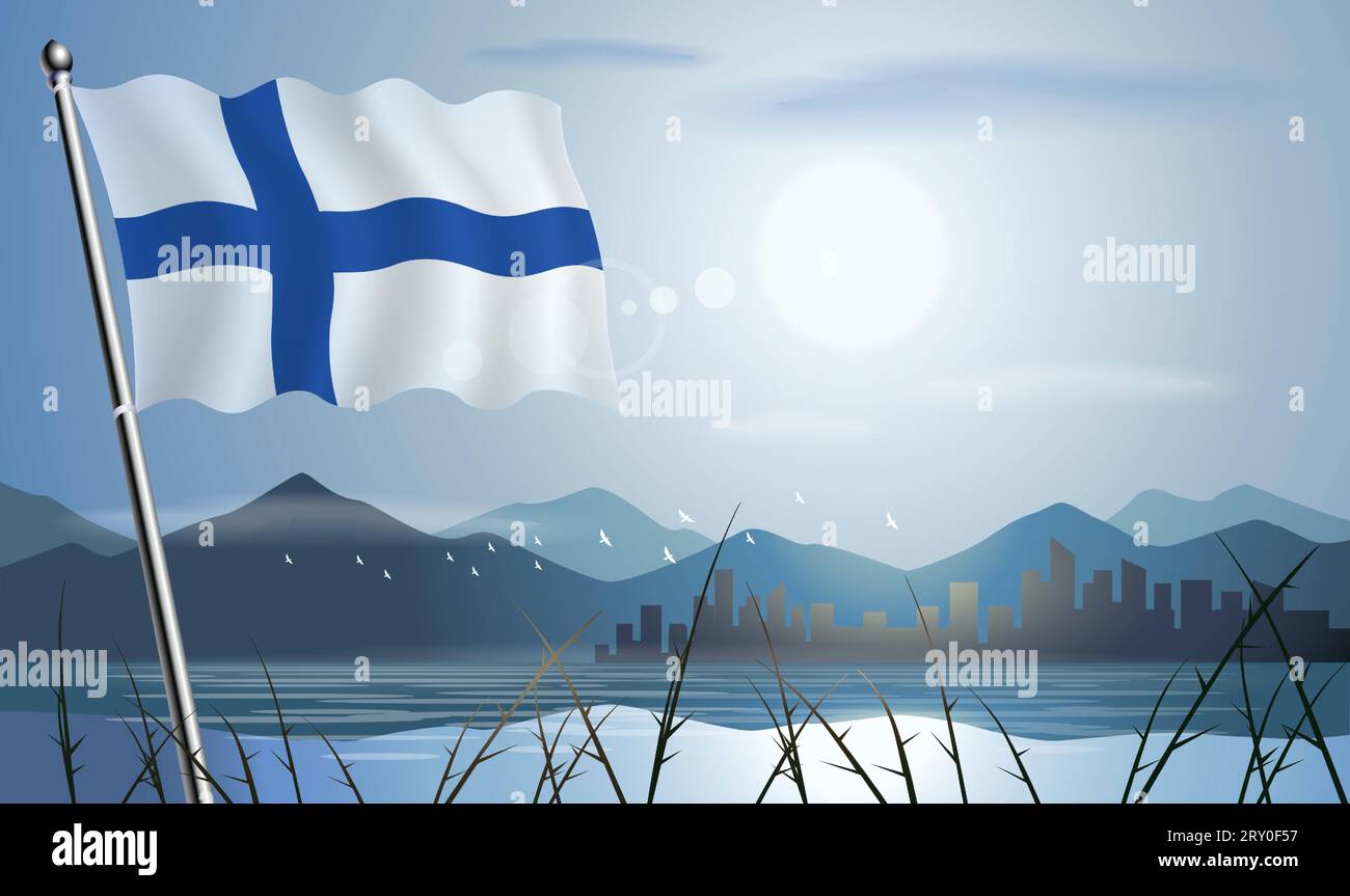 Bandiera finlandese con sfondo solare di montagne e laghi Illustrazione Vettoriale