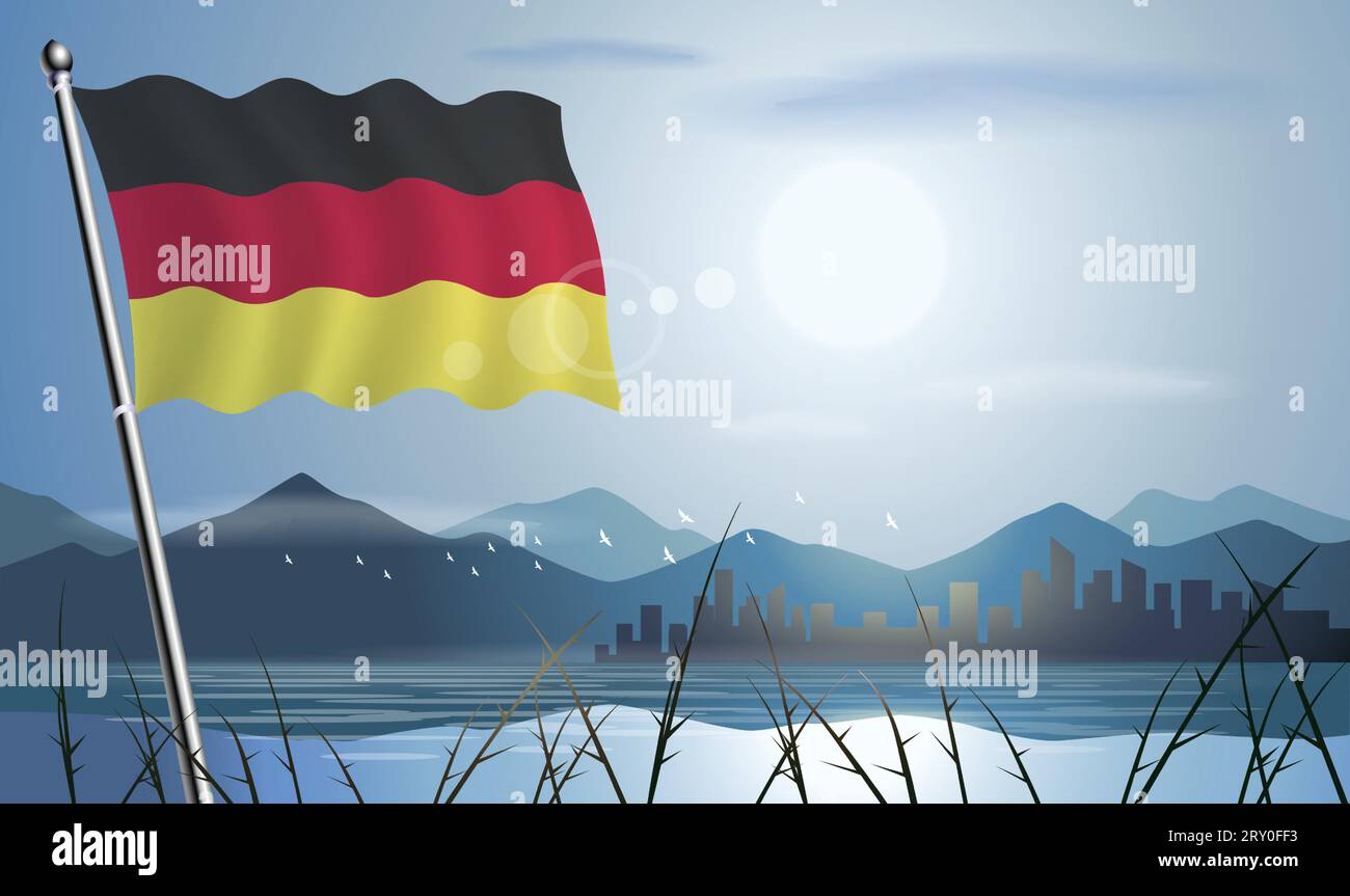 bandiera con sfondo solare di montagne e laghi Illustrazione Vettoriale