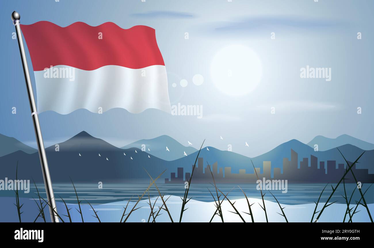 Bandiera indonesiana con sfondo solare di montagne e laghi Illustrazione Vettoriale