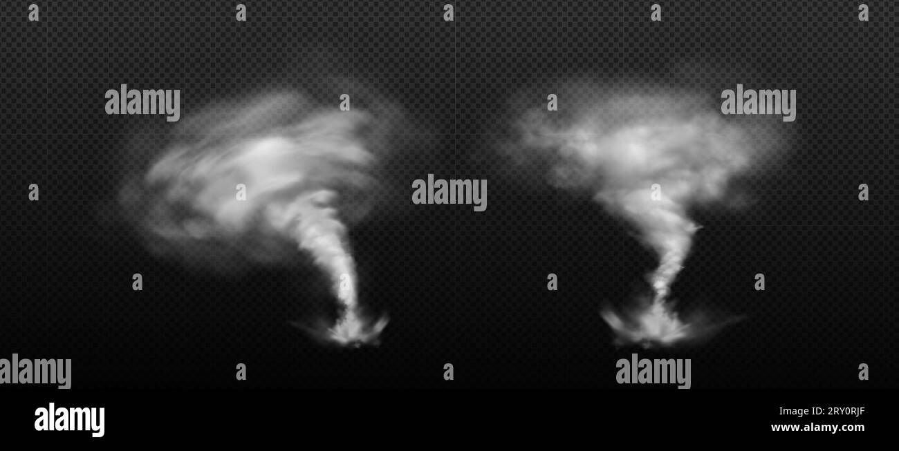 Uragano tempesta turbolenta con polvere turbolenta e nuvole. Serie di illustrazioni vettoriali realistiche di tornado e twister con effetto trasparente. Imbuto distruttivo del vortice del ciclone - calamità atmosferica naturale. Illustrazione Vettoriale