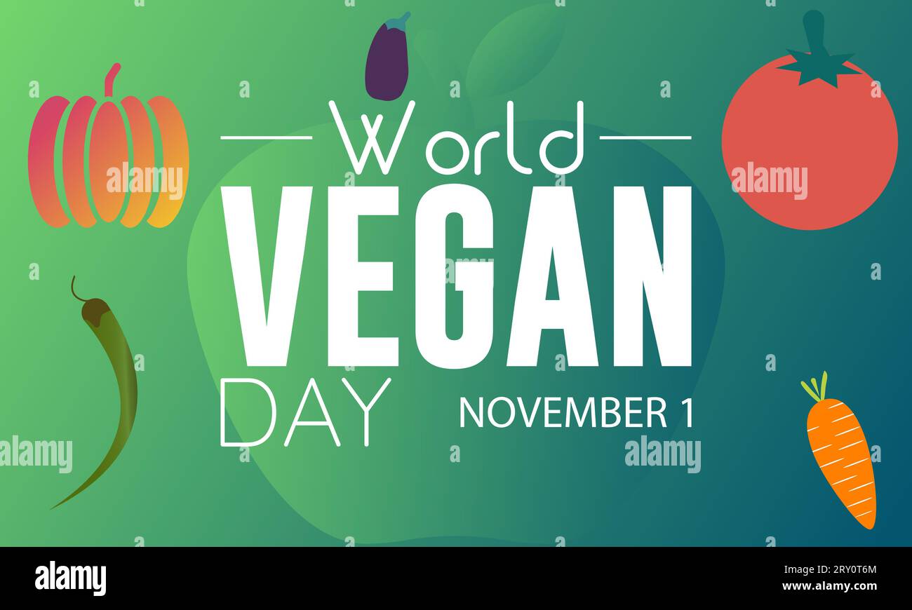Illustrazione vettoriale del World Vegan Day con cibo sano e stile di vita verde. Modello vettoriale per sfondo, banner, schede, poster. Illustrazione Vettoriale