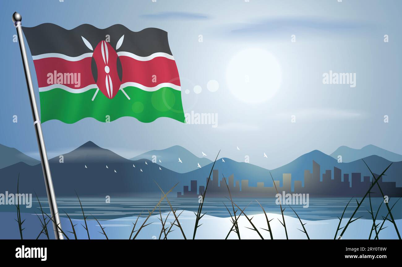 Bandiera del Kenya con sfondo soleggiato di montagne e laghi Illustrazione Vettoriale