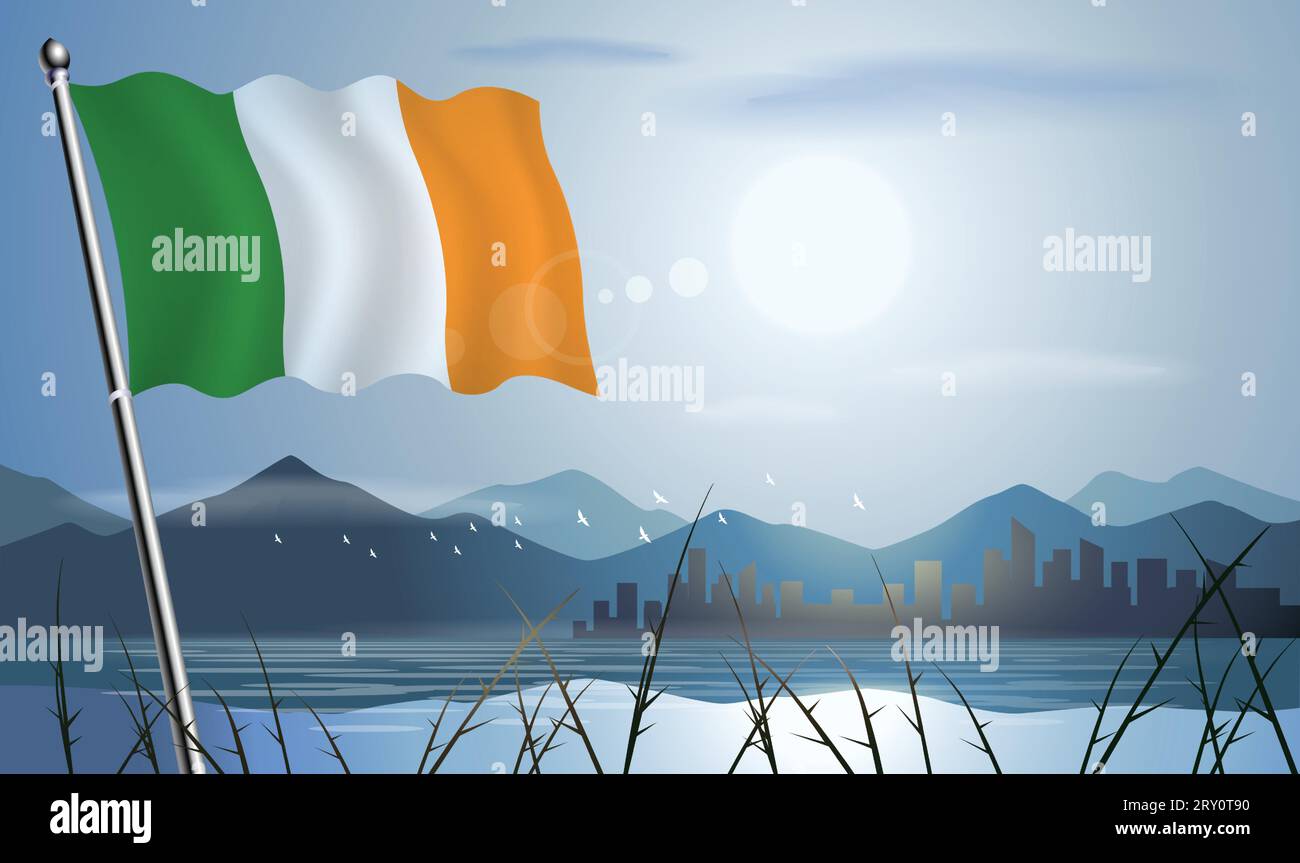 Bandiera irlandese con sfondo solare di montagne e laghi Illustrazione Vettoriale
