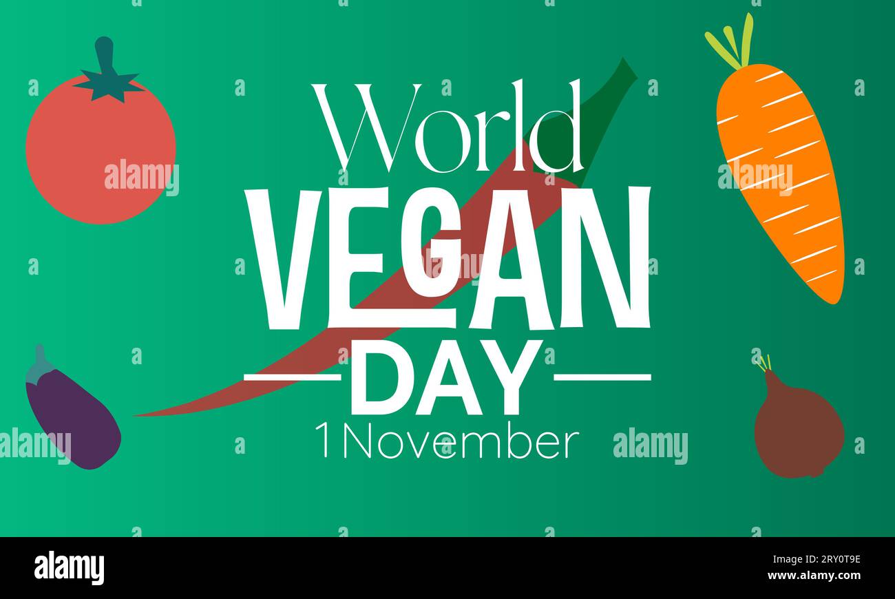 Illustrazione vettoriale del World Vegan Day con cibo sano e stile di vita verde. Modello vettoriale per sfondo, banner, schede, poster. Illustrazione Vettoriale