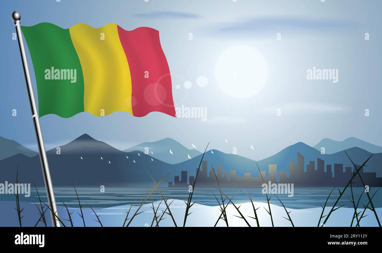 Bandiera del Mali con sfondo soleggiato di montagne e laghi Illustrazione Vettoriale