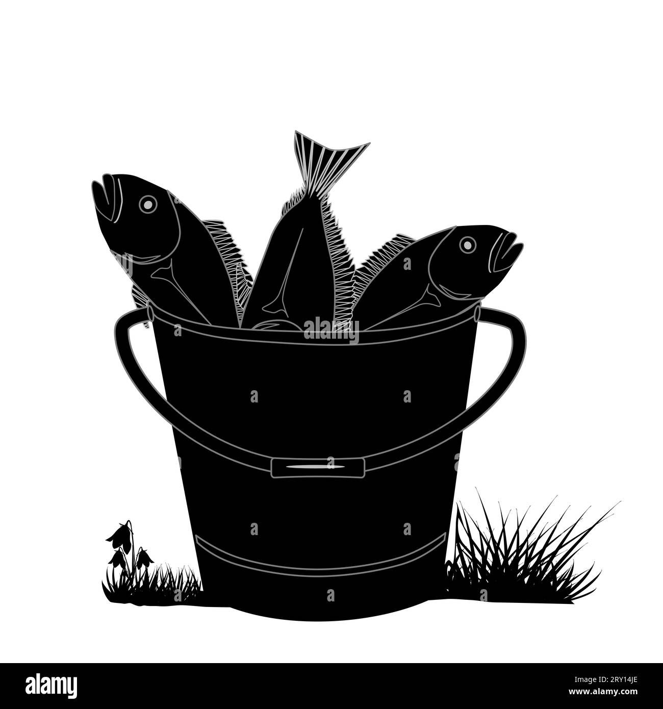 Icona nera del secchiello dei pesci. Secchio pieno di pesci freschi. Fisherman's Catch. La silhouette del secchio d'acciaio è piena di pesci di mare, di lago o di fiume. Attività di pesca. Vettoriale Illustrazione Vettoriale