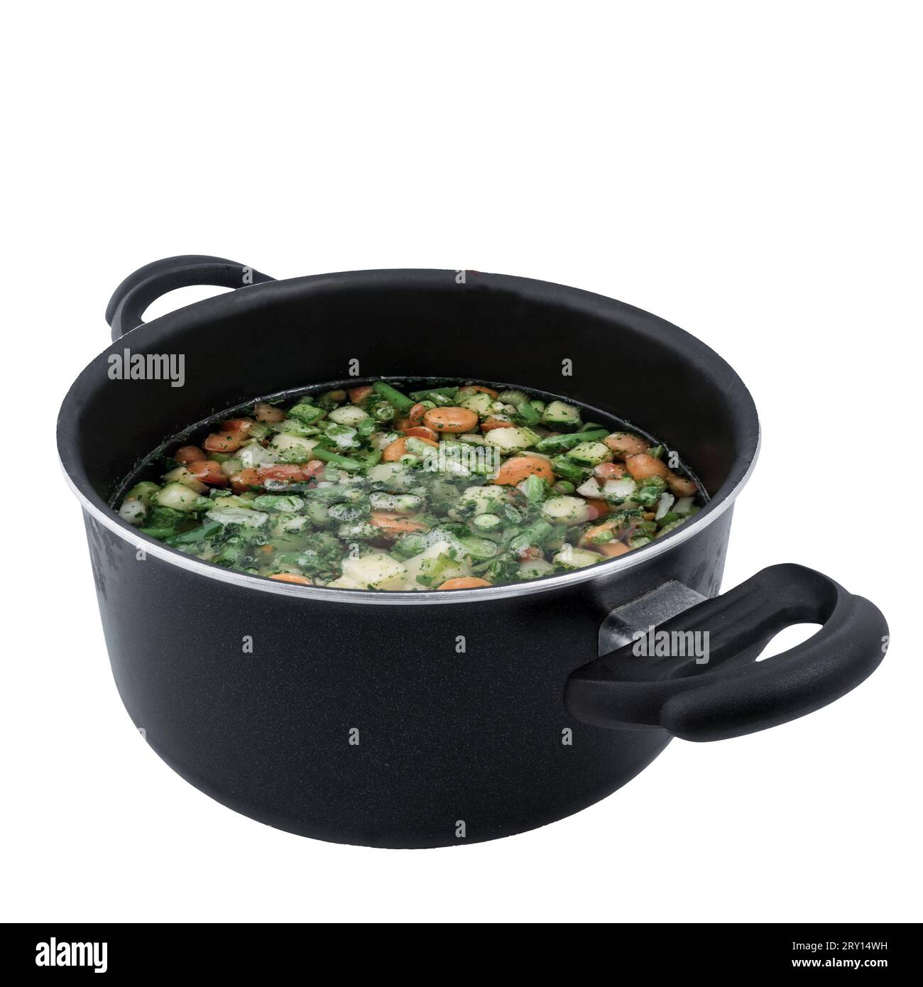 una pentola con zuppa di verdure su sfondo trasparente Foto Stock