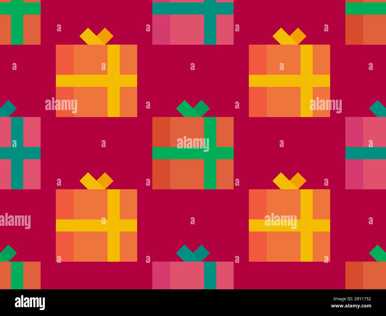 Confezioni regalo motivo senza cuciture. Scatole regalo natalizie con nastri colorati. Natale presenta il design per biglietti di auguri, carta da imballaggio, striscioni e promozioni Illustrazione Vettoriale