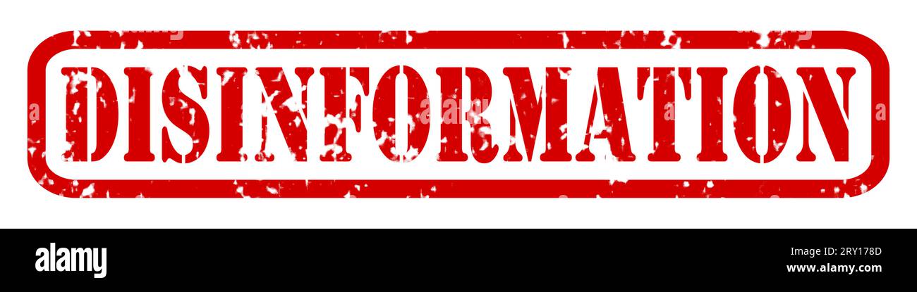 Francobollo rosso grunge con testo DISINFORMATIVO per bufale, notizie false e altri Foto Stock