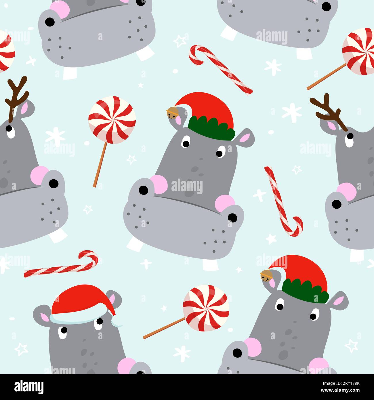 Fantasia natalizia con simpatici ippopotami - divertente doodle disegnato a mano, modello senza cuciture. Poster o maglietta grafica in tessuto. Sfondo, wrappin Illustrazione Vettoriale