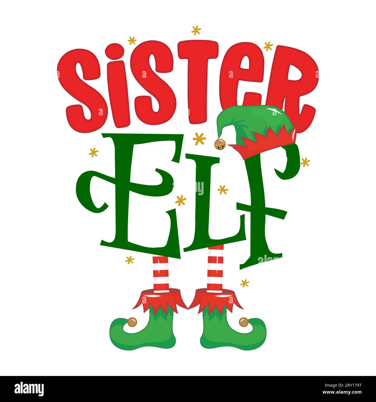Sister Elf - frase per abiti natalizi o maglioni brutti. Lettere disegnate a mano per biglietti di auguri di Natale, inviti. Ottimo per t-shirt, tazza, Illustrazione Vettoriale