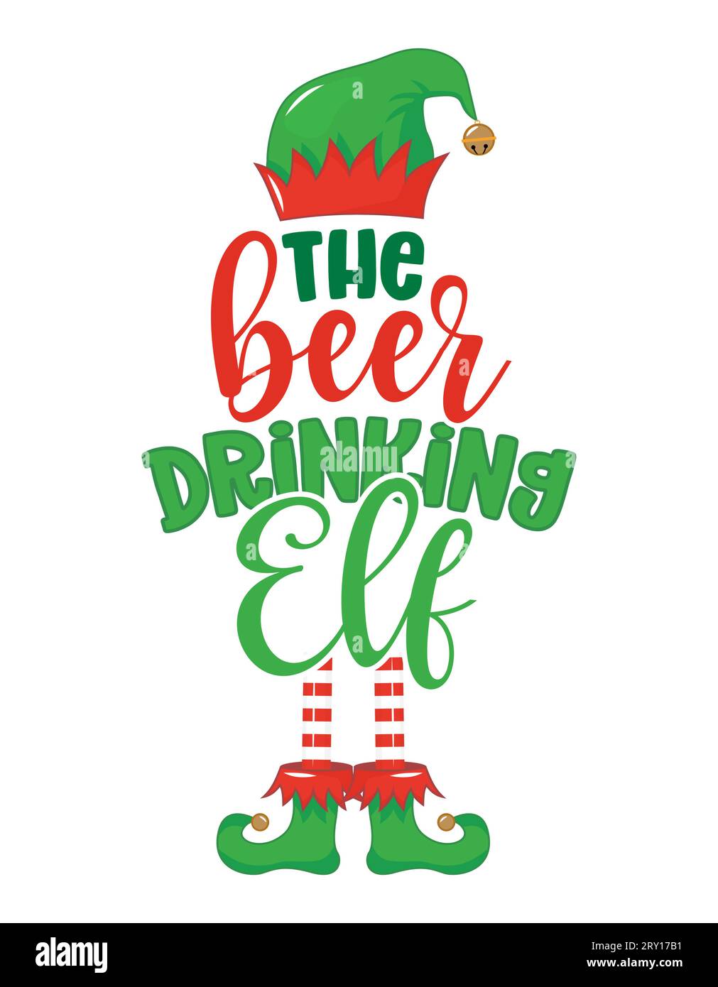 L'elfo che beve la birra - frase per i vestiti di Natale o i maglioni brutti. Lettere disegnate a mano per biglietti di auguri di Natale, inviti. Ottimo per la t-shirt, m Illustrazione Vettoriale