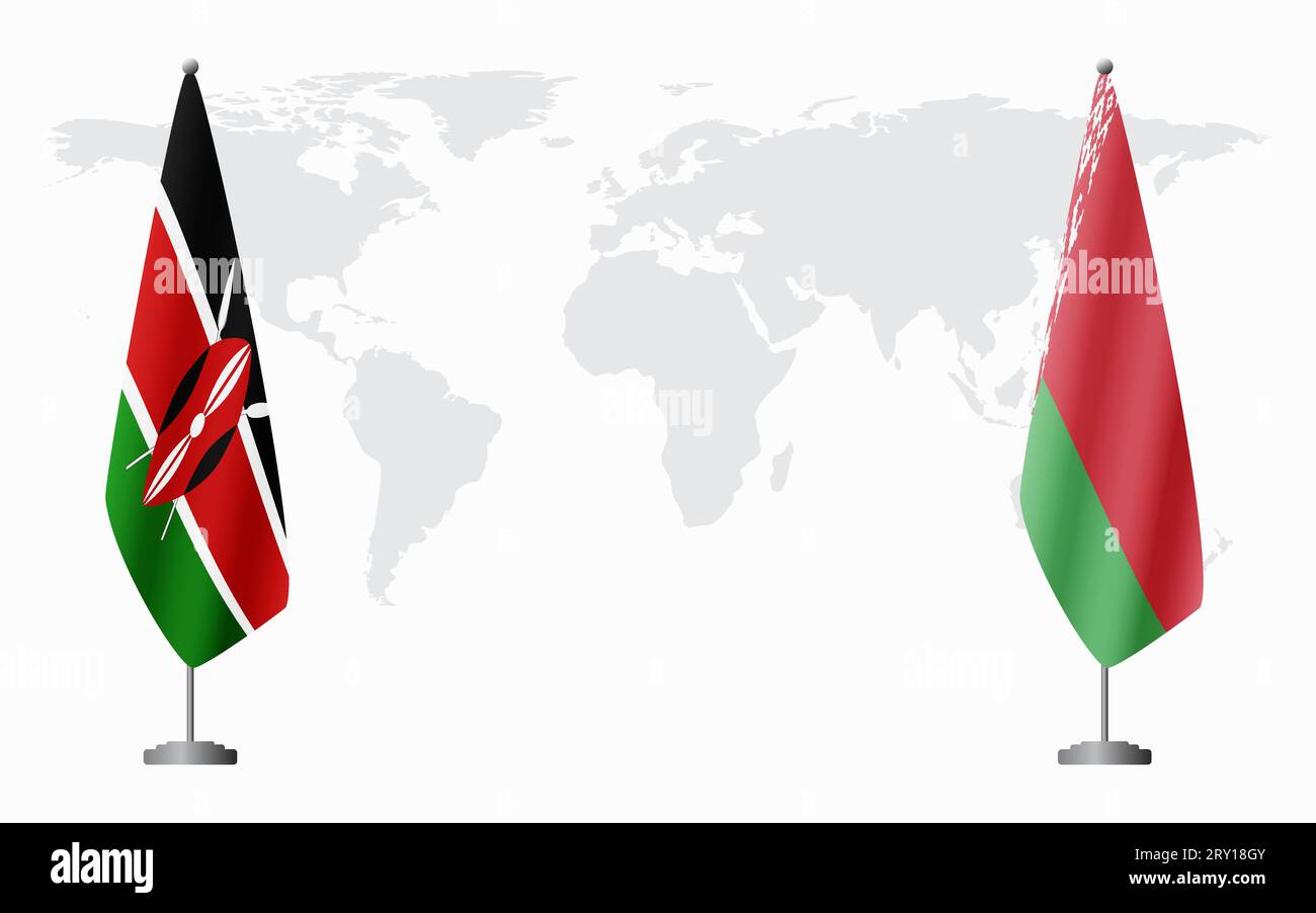 Bandiere del Kenya e bielorusse per un incontro ufficiale sullo sfondo della mappa mondiale. Illustrazione Vettoriale